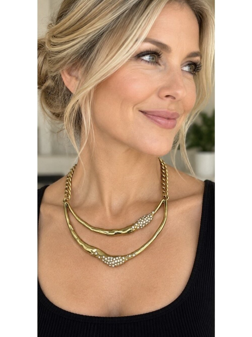 Ann Taylor Gold Tone Rhinestone Double Bib Statement Necklace Hammered Collar